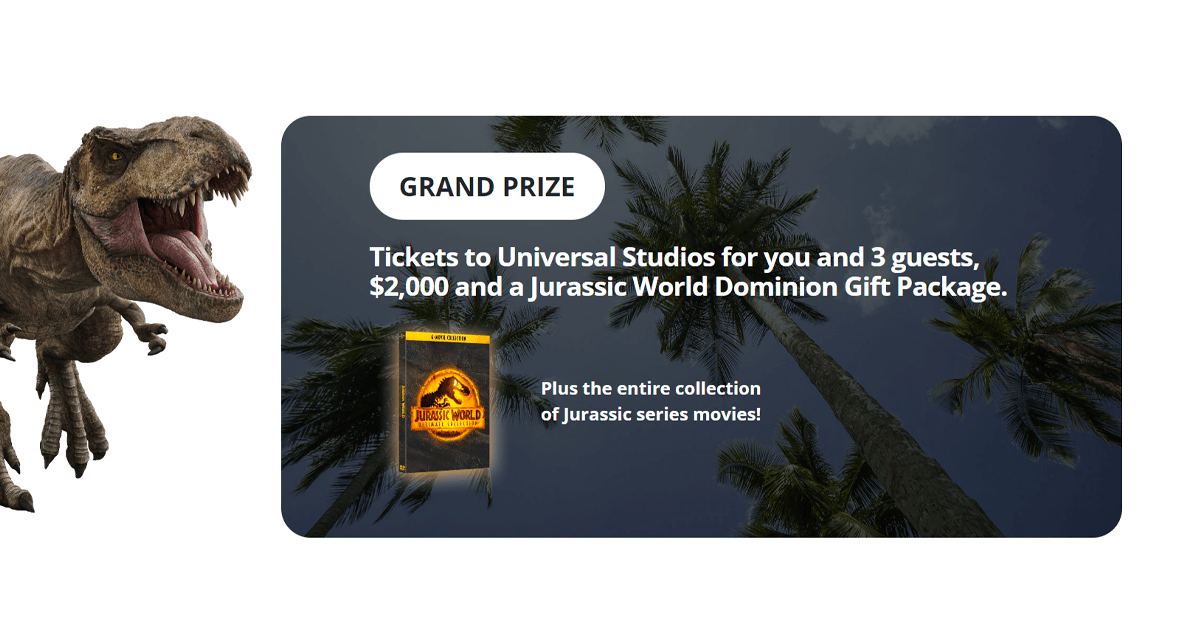 Enter the Webroot Jurassic World Dominion Sweepstakes for a chance to win 4 tickets to Universal Studios, $2,000, and a Jurassic World Dominion Gift Package.